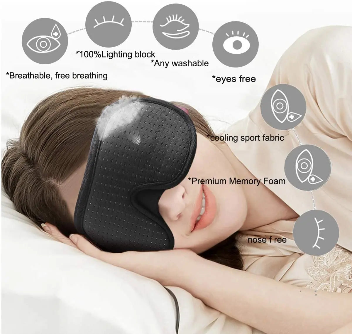 Masque 3D pour le sommeil, masque pour les yeux, tissu de couchage rembourré doux, bandeau pour les yeux