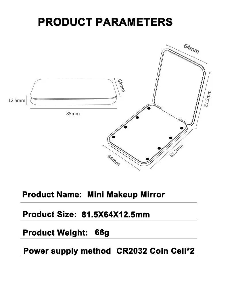 Mini miroir de maquillage LED pliable – miroir de poche cosmétique avec lumière-NOIR