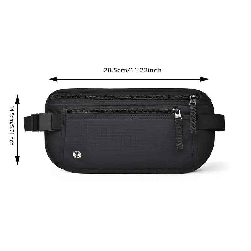Sac de taille de voyage noir – Ceinture d’argent, pochette invisible porte-passeport, protection des cartes, de l’argent et des documents
