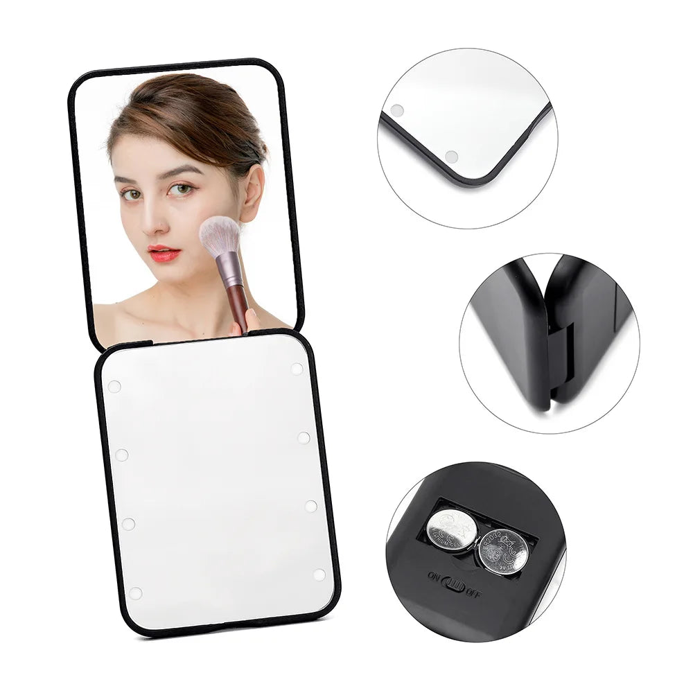 Mini miroir de maquillage LED pliable – miroir de poche cosmétique avec lumière-NOIR